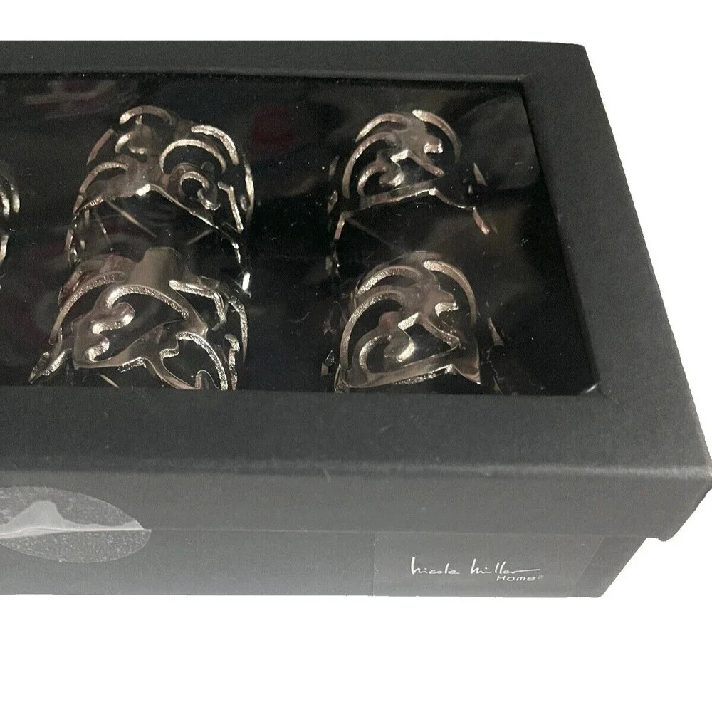 Nicole Miller Napkin Rings Silver Abstract Pattern Set of 6 Holiday 2